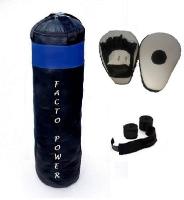 

FACTO POWER 5.0 Feet Long, PU Material, Black and Blue Color, Unfilled with Hanging Straps, Pair of Black Color Curve Coacher Pad, 9 Feet Long Black Color Hand Wraps Gym & Fitness Kit