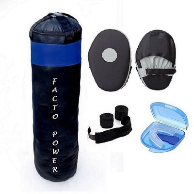 

FACTO POWER 5.0 Feet Long, PU Material, Black and Blue Color, Unfilled with Hanging Straps, Pair of Black Color Straight Coacher Pad, 9 Feet Long Black Color Hand Wraps and Blue Color Mouth Guard Gym & Fitness Kit