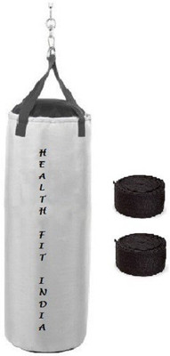 

HEALTH FIT INDIA 2.5 Feet Long, SRF - STANDARD Material, White Color, Unfilled with Hanging Straps and 9 Feet Long Black Color Hand Wraps Pair Boxing Kit