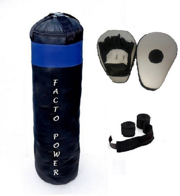 

FACTO POWER 3.0 Feet Long, PU Material, Black and Blue Color, Unfilled with Hanging Straps, Pair of Black Color Curve Coacher Pad, 9 Feet Long Black Color Hand Wraps Gym & Fitness Kit