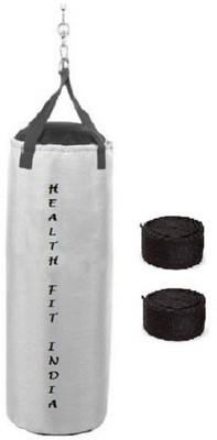 

HEALTH FIT INDIA 3.5 Feet Long, SRF - STANDARD Material, White Color, Unfilled with Hanging Straps and 9 Feet Long Black Color Hand Wraps Pair Boxing Kit
