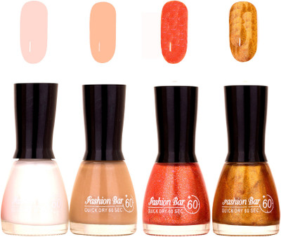 

Fashion Bar Quick Dry 60 Sec Nail polish Set White,Nude,Orange Shimmer,Golden(Pack of 4)