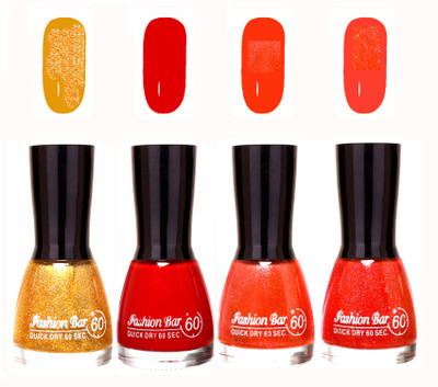 

Fashion Bar Quick Dry 60 Sec Nail polish Set Golden,Red,Shimmer Orange,Orangish Red(Pack of 4)