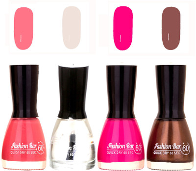 Fashion Bar Quick Dry 60 Sec Nail polish Set Pink,Top Coat,Fuchsia Pink,Dark Brown(Pack of 4)