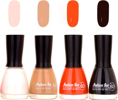 

Fashion Bar Quick Dry 60 Sec Nail polish Set White,Nude,Orange,Black(Pack of 4)