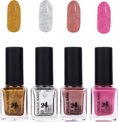 

Unique Nails 24 CT Gel Base Lacquer Vernis A Ongles Nail polish Set Golden,Silver,Pearl Pink,Shimmer Violet(Pack of 4)