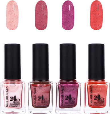 

Unique Nails 24 CT Gel Base Lacquer Vernis A Ongles Nail polish Set Honey Pink,Shining Brown,Shining Purple,Shimmer Orange(Pack of 4)