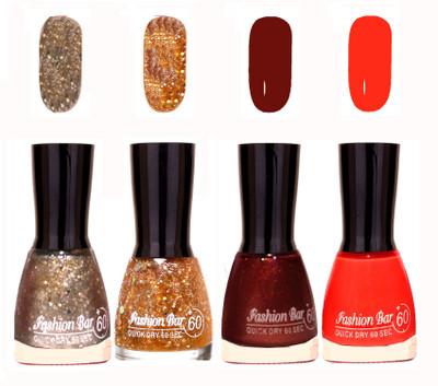 

Fashion Bar Quick Dry 60 Sec Nail polish Set Silver Jari,Golden Jari,Maroon Jari,Orange(Pack of 4)