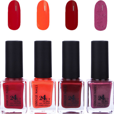 

Unique Nails 24 CT Gel Base Lacquer Vernis A Ongles Nail polish Set Red,Peaches Orange,Maroon,Purple(Pack of 4)
