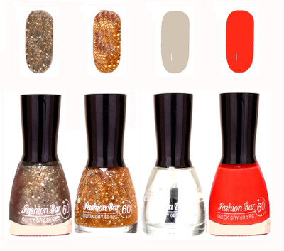 

Fashion Bar Quick Dry 60 Sec Nail polish Set Silver Jari,Golden Jari,Top Coat,Orange(Pack of 4)