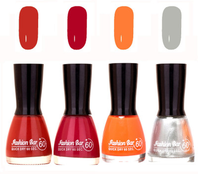 

Fashion Bar Quick Dry 60 Sec Nail polish Set Redish Mauve,Mazenta,Turmeric Yellow,Silver(Pack of 4)
