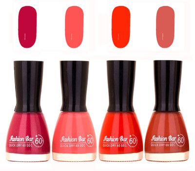 

Fashion Bar Quick Dry 60 Sec Nail polish Set Shimmer Mazenta,Baby Pink,Sunset Red,Nude Brown(Pack of 4)