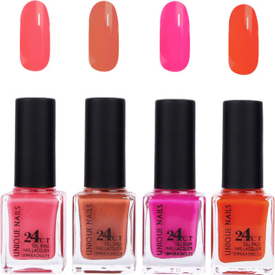 

Unique Nails 24 CT Gel Base Lacquer Vernis A Ongles Nail polish Set Neon Pink,Brown,Rani Pink,Deep Solid Orange(Pack of 4)