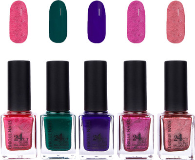 

Unique Nails 24 CT Gel Base Lacquer Vernis A Ongles Nail polish Set Shining Mazenta,Rama Green,Ink Blue,Shimmer Purple,Nude Pearl(Pack of 5)