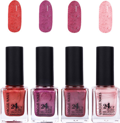

Unique Nails 24 CT Gel Base Lacquer Vernis A Ongles Nail polish Set Orangish Pink,Shining Purple,Pastel Purple,Pearl Pink(Pack of 4)