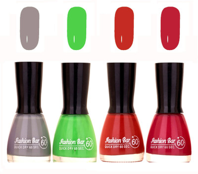 

Fashion Bar Quick Dry 60 Sec Nail polish Set Grey,Parrot Green,Redish Mauve,Deep Mazenta(Pack of 4)