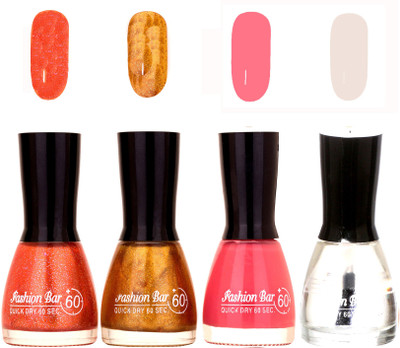 

Fashion Bar Quick Dry 60 Sec Nail polish Set Shimmer Orange,Golden,Pink,Top coat(Pack of 4)