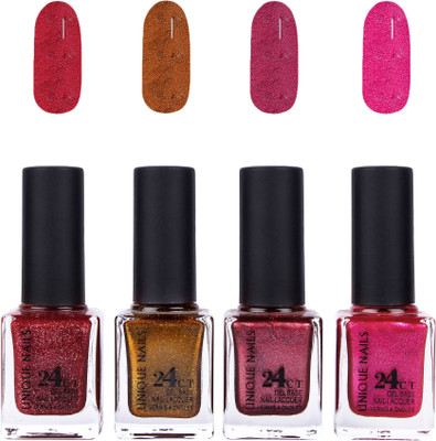 

Unique Nails 24 CT Gel Base Lacquer Vernis A Ongles Nail polish Set Shining Wine,Solid Gold,Shining Purple,Shining Candy Pink(Pack of 4)