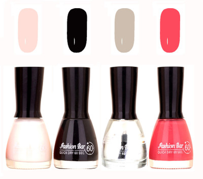 

Fashion Bar Quick Dry 60 Sec Nail polish Set White,Black,Top Coat,Pink(Pack of 4)