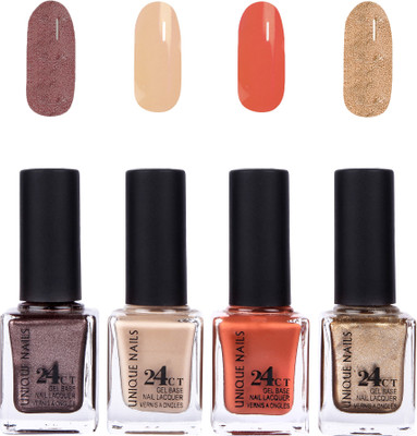 

Unique Nails 24 CT Gel Base Lacquer Vernis A Ongles Nail polish Set Light Brown,Nude,Peaches Ornage,Ice Gold(Pack of 4)