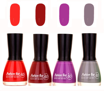 

Fashion Bar Quick Dry 60 Sec Nail polish Set Orange,Maroon,Violet Purple,Grey(Pack of 4)