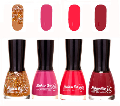 

Fashion Bar Quick Dry 60 Sec Nail polish Set Glitter Golden,Purple,Neon Pink,Mauve(Pack of 4)