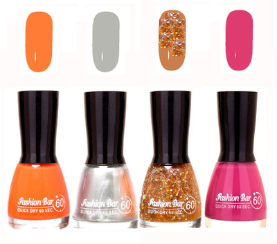 

Fashion Bar Quick Dry 60 Sec Nail polish Set Turmeric Yellow,Silver,Glitter Golde,Purple(Pack of 4)