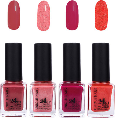 

Unique Nails 24 CT Gel Base Lacquer Vernis A Ongles Nail polish Set Mauvish Pink,Peaches Pearl,Deep Mazenta,Shimmer Orange(Pack of 4)