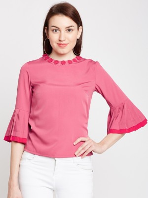 Popnetic Casual Bell Sleeve Embellished, Solid Women Pink Top