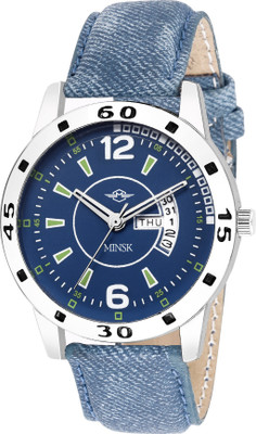 

MINSK MK7062 Bare Basic Stainless steel Day n Date functioning with leather strap Men's Watch - For Boys