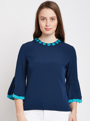 Popnetic Casual Bell Sleeve Solid Women Blue Top