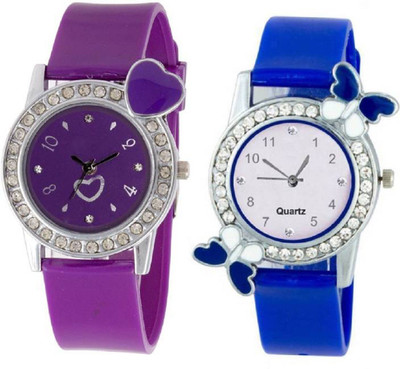 

Rage Enterprise New Designer Diamond Dial Blue & Purple Color PU Belt Set Of 2 Women Watch - For Girls