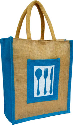 

styles creation Cutlery Print Designer Handicraft Jute Lunch Tiffin Handbag Waterproof Lunch Bag(Blue, 13 inch)
