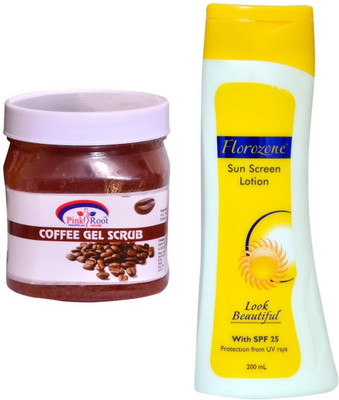 

Pink Root Coffee Gel Scrub 500ml and Florozone Sun Screen Lotion With SPF 25(Set of 2)