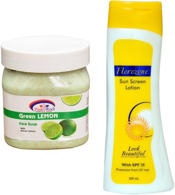 

Pink Root Green Lemon Scrub 500ml and Florozone Sun Screen Lotion With SPF 25(Set of 2)