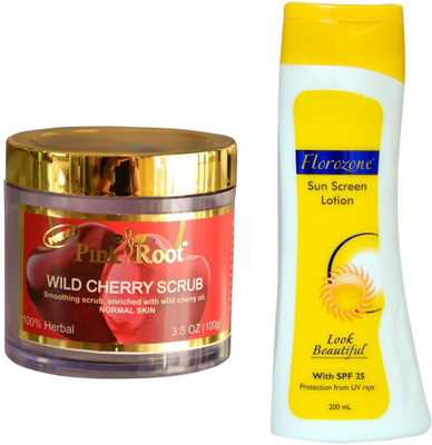 

Pink Root Wild Cherry Scrub 100gm and Florozone Sun Screen Lotion With SPF 25(Set of 2)