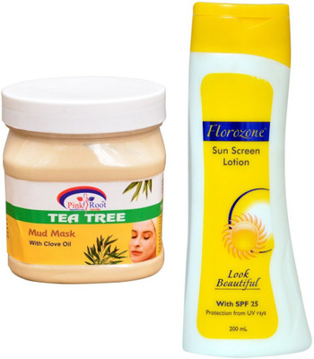 

Pink Root Tea Tree Mud Mask 500ml and Florozone Sun Screen Lotion With SPF 25(Set of 2)