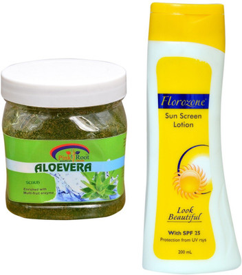 

Pink Root Aloe Vera Scrub 500ml and Florozone Sun Screen Lotion With SPF 25(Set of 2)