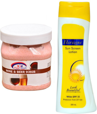 

Pink Root Wine & Beer Scrub 500ml and Florozone Sun Screen Lotion With SPF 25(Set of 2)