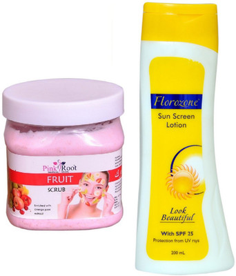 

Pink Root Fruit Scrub 500ml and Florozone Sun Screen Lotion With SPF 25(Set of 2)