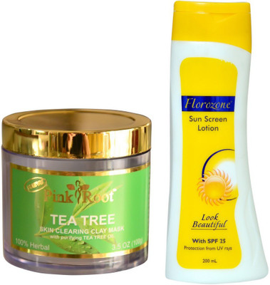 

Pink Root Tea Tree Skin Clearing Clay Mask 100gm and Florozone Sun Screen Lotion With SPF 25(Set of 2)
