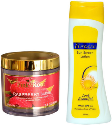 

Pink Root Raspberry Scrub 100gm and Florozone Sun Screen Lotion With SPF 25(Set of 2)