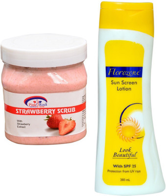 

Pink Root Strawberry Scrub 500ml and Florozone Sun Screen Lotion With SPF 25(Set of 2)