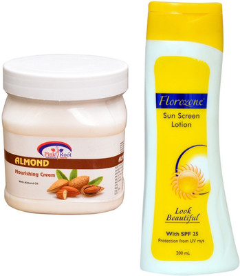 

Pink Root Almond Nourishing Cream 500ml and Florozone Sun Screen Lotion With SPF 25(Set of 2)