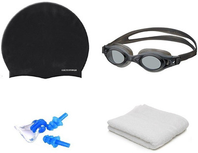 

FACTO POWER BLACK COLOR GOGGLES, CAP WITH EAR, NOSE PLUG & TOWEL Swimming Kit