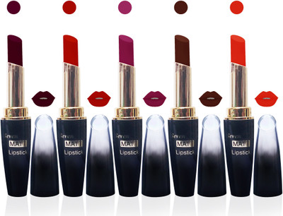 

Seven seas cosmetics makeup 4g matte lipstick non transfer kiss proff combo set of 5 color (maroon,red,pink,orange,brown, 25 g)