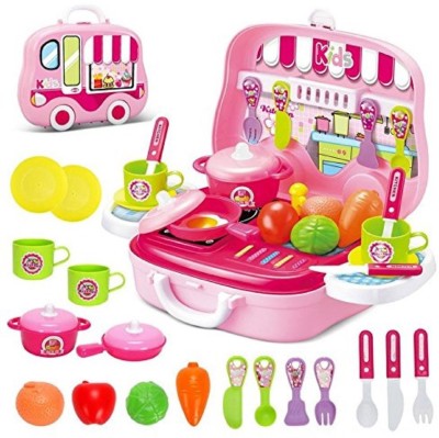 Zest 4 Toyz Role Play Kitchen Playset Toy Kids Pretend Cooking Kit Food Pink Set Xmas Gift for Children 3 Years Old