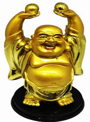 Antras Creations Golden Laughing Buddha with Fruit plate & Money above head for Wealth and happiness/Home d�cor/Vastu/Gifts Decorative Showpiece  -  11 cm(Brass, Gold)