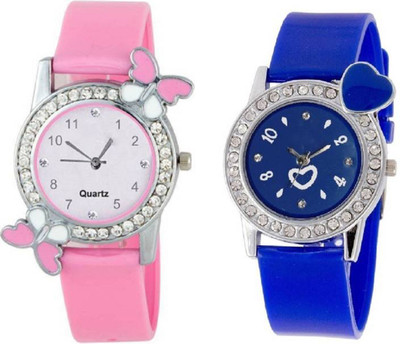 

Rage Enterprise New Designer Diamond Dial Blue & Pink Color PU Belt Set Of 2 Women Watch - For Girls