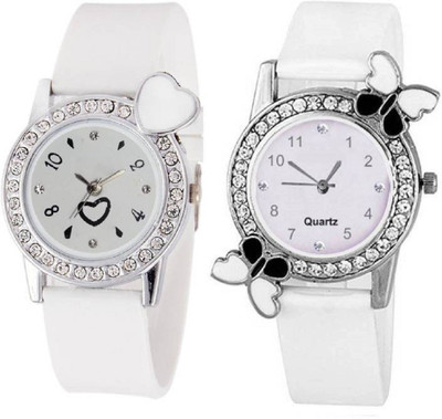 

Rage Enterprise New Designer Diamond Dial White Color PU Belt Set Of 2 Women Watch - For Girls